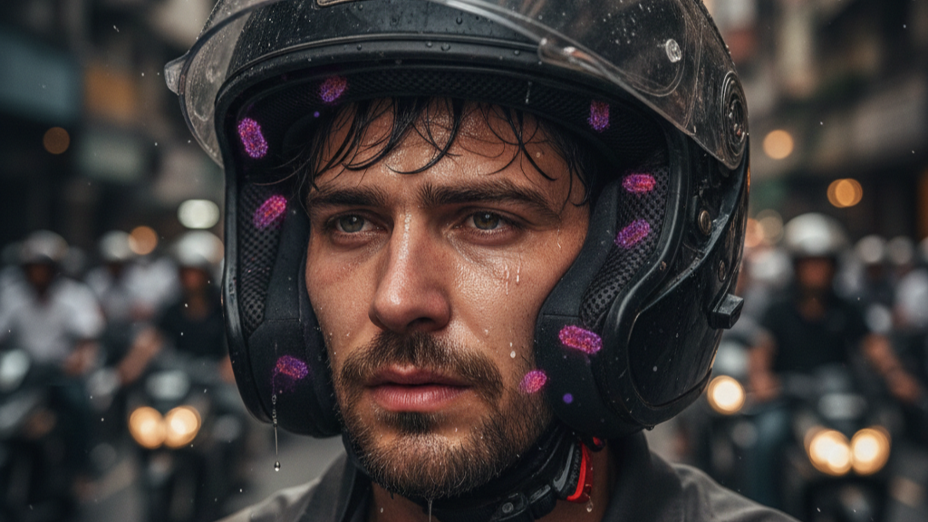 Food delivery rider wearing helmet during long shift, showing sweat buildup and fatigue from extended use in hot weather