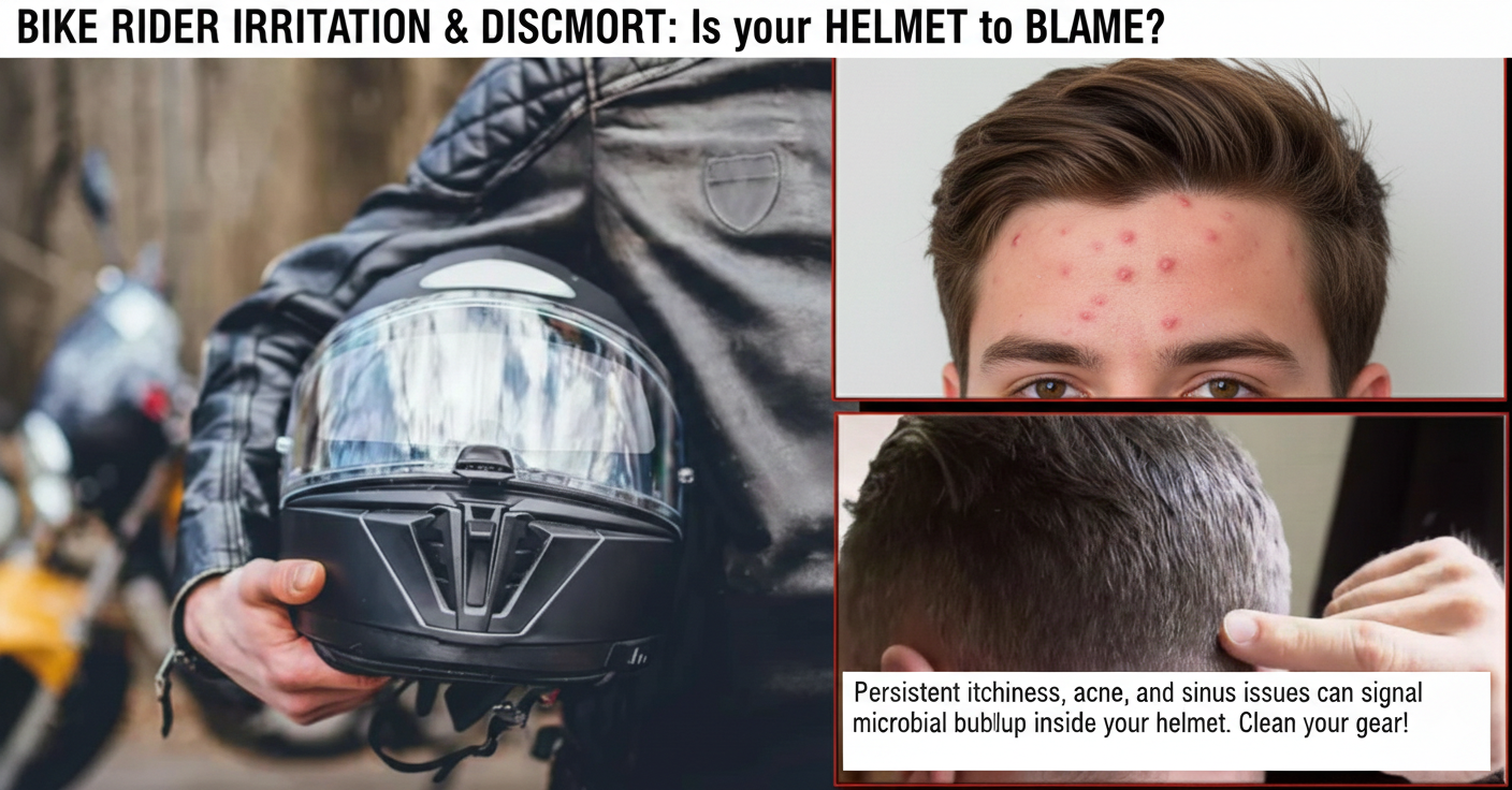 Illustration of a bike rider experiencing scalp itch, sinus headache, and skin rash potentially caused by unclean helmet