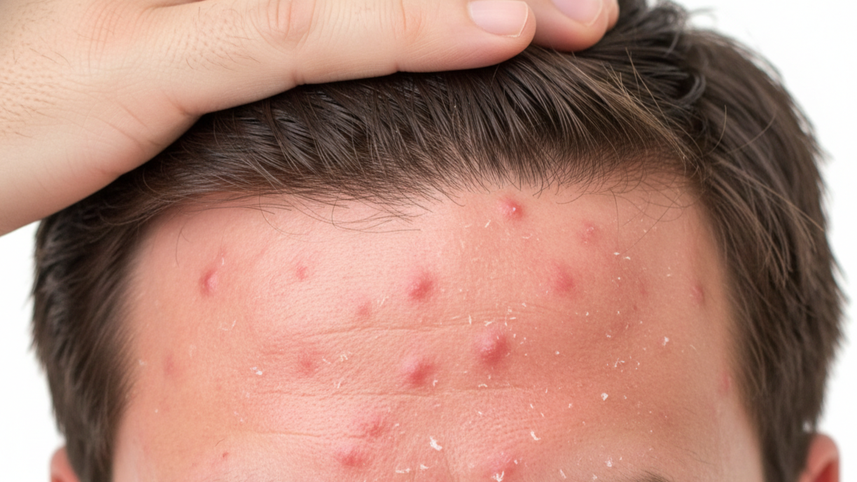 Close-up view of scalp irritation and acne caused by dirty helmet use