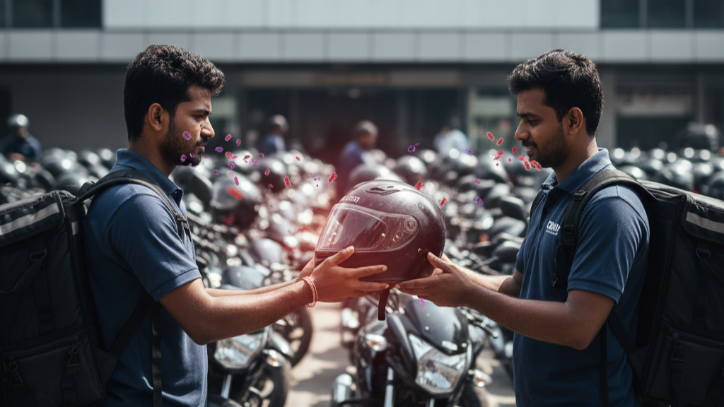 Delivery riders at a hub exchanging shared helmets, highlighting cross-contamination risk in fleet operations